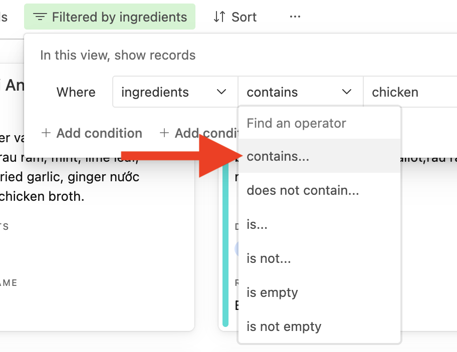 Cropped screenshot of the 'Lettuce Eat' filtering platform, with the search filter dialogue open, with a dropdown of all the operation options and a red arrow pointing to the option that says 'contains'